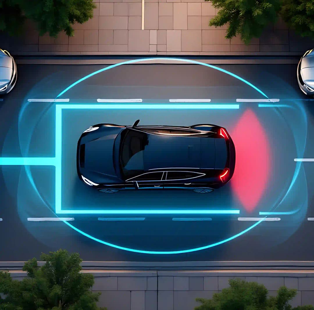 Overhead view of luxury car with ADAS calibration targets and holographic safety overlay in Melbourne workshop